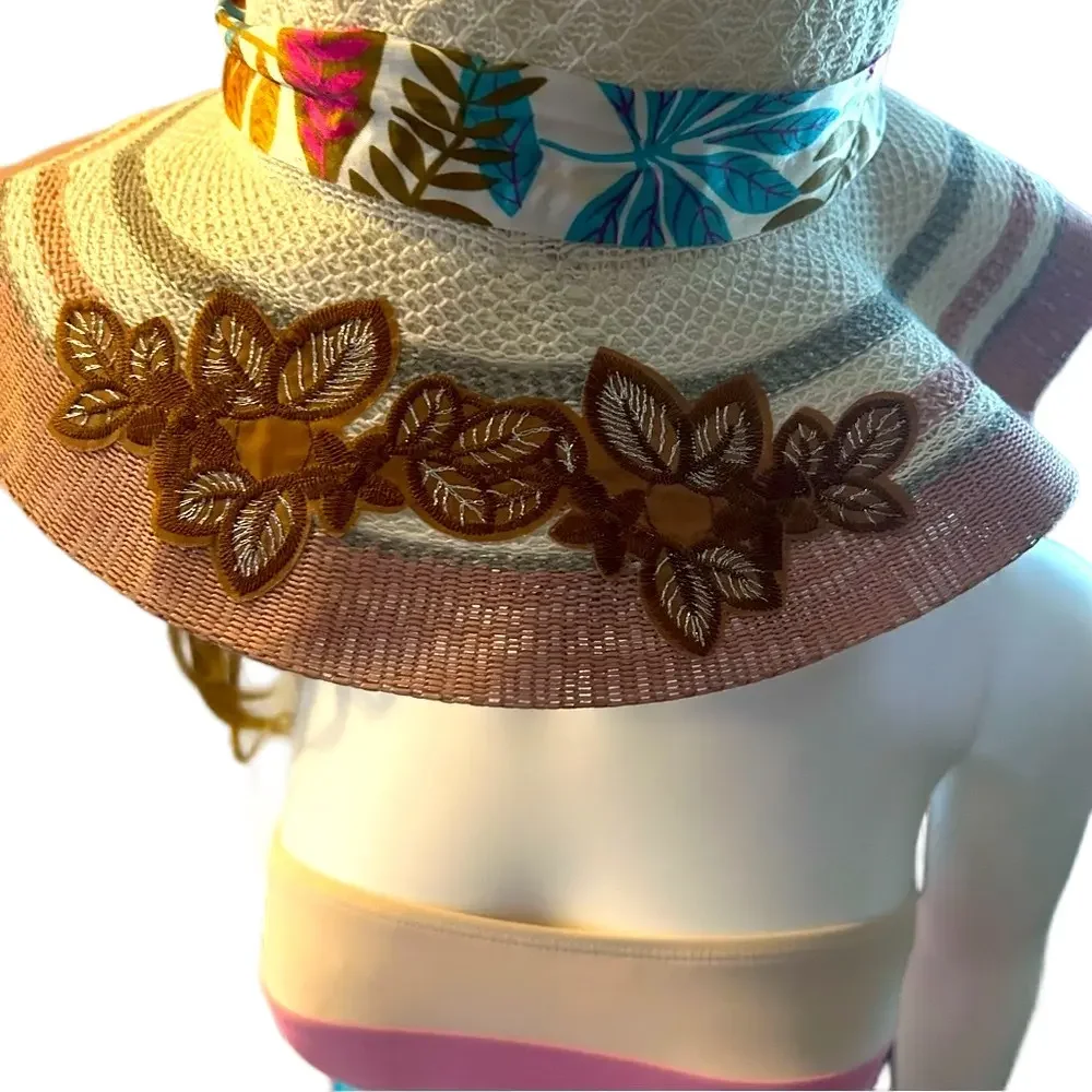 Pretty Floppy Beach Hat embroidered flowers sun block beach party unisex